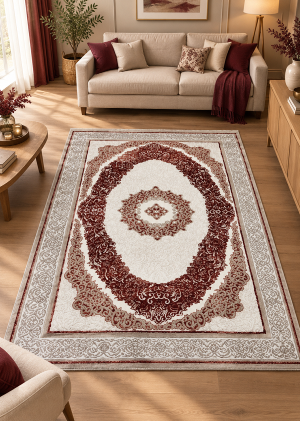 Tapis Salon Oriental Beige et Bordeaux – Médaillon Classique